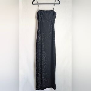 90s Vintage Black Column Dress Subtle Glitter Minimal Slip Style S